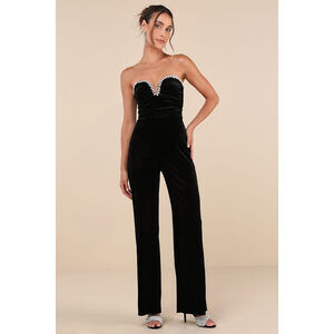 Lulus Fabulous Instinct Black Velvet Pearl Strapless Jumpsuit - Size XS